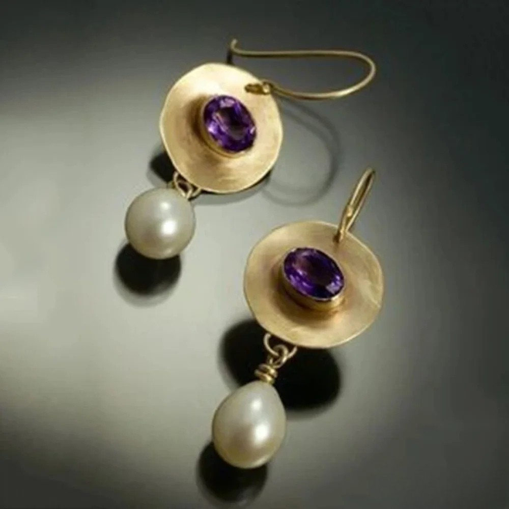 Vintage Gold Earrings with Purple Zirconia and Pearls