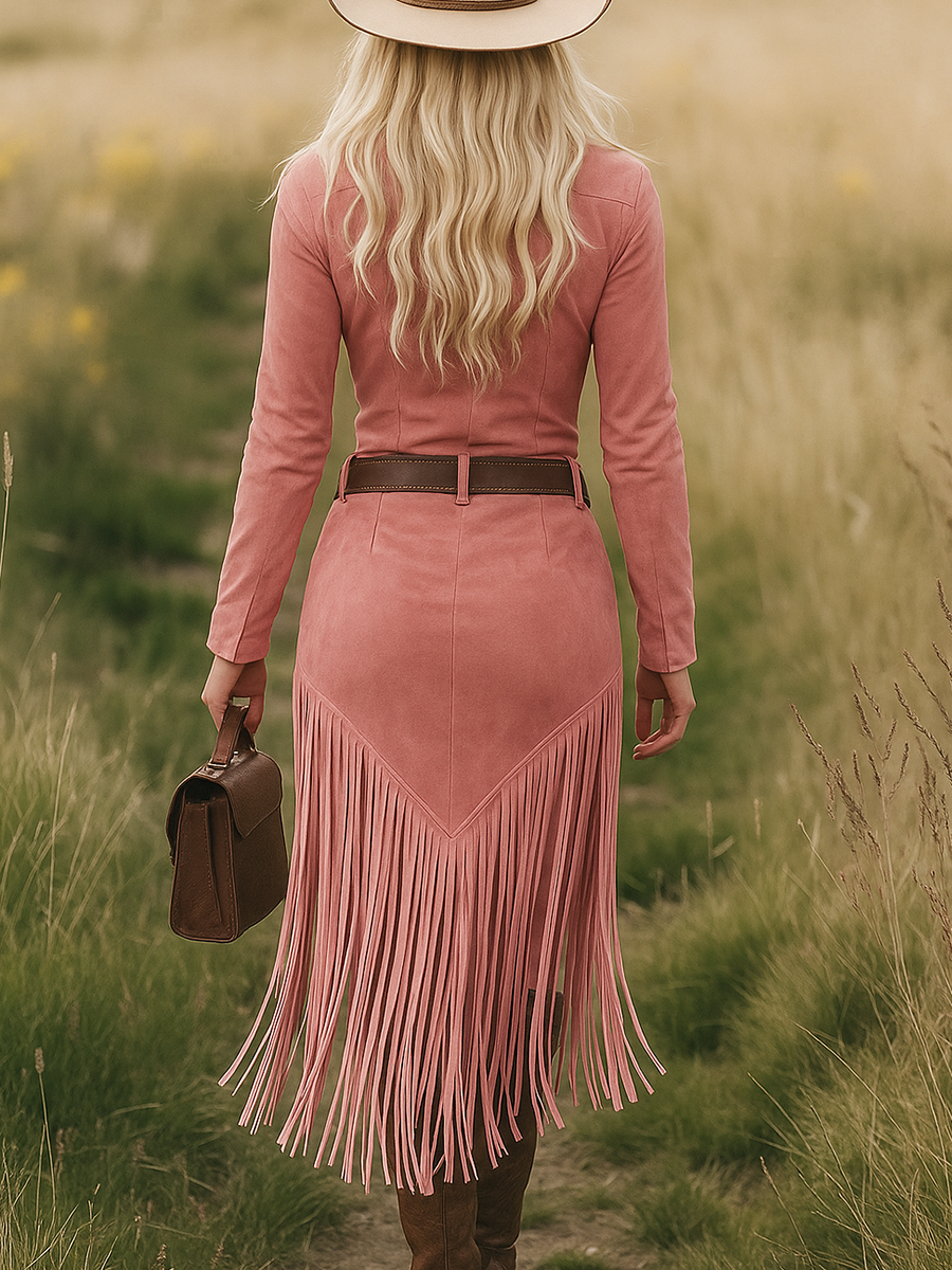 Retro Western Lapel Zipper Long Sleeve Tassel Midi Dress