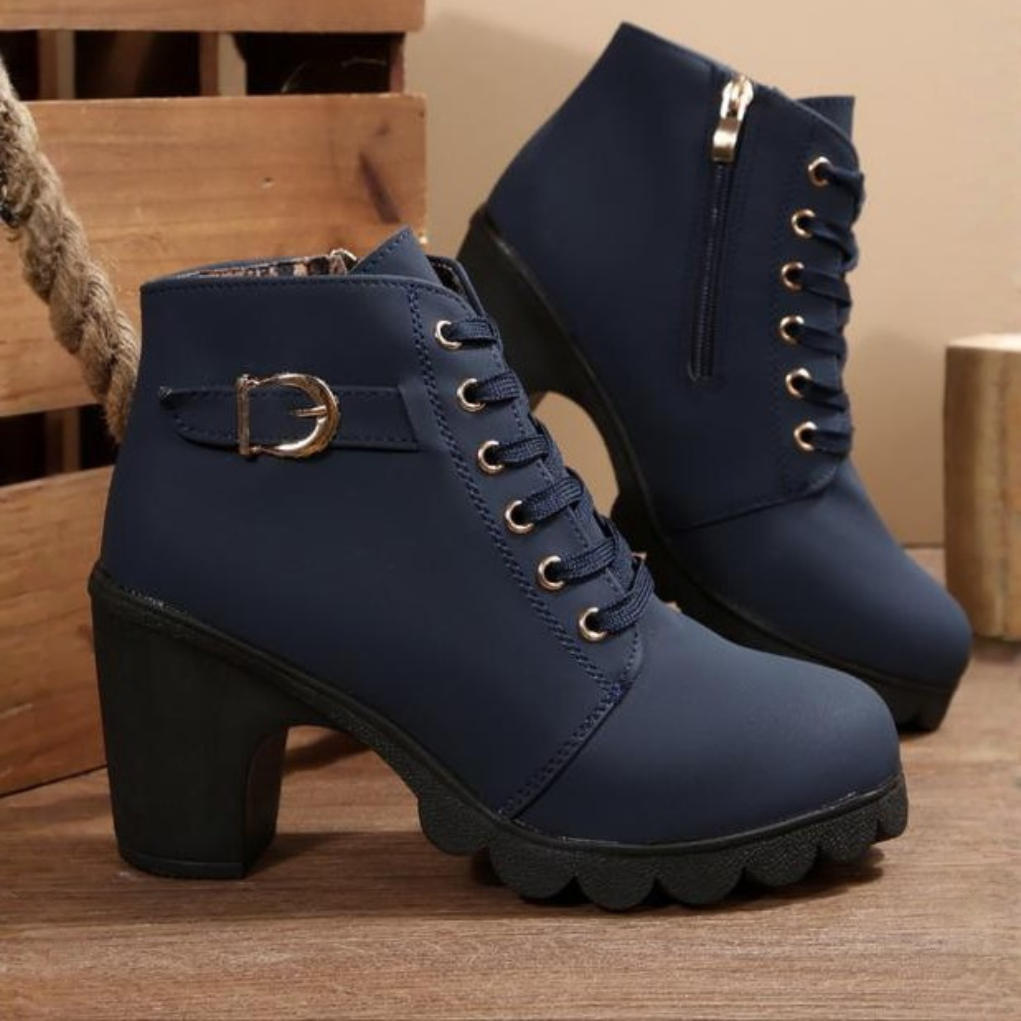 Rose Katni Chic Lace Up Metal Buckle Ankle Boots