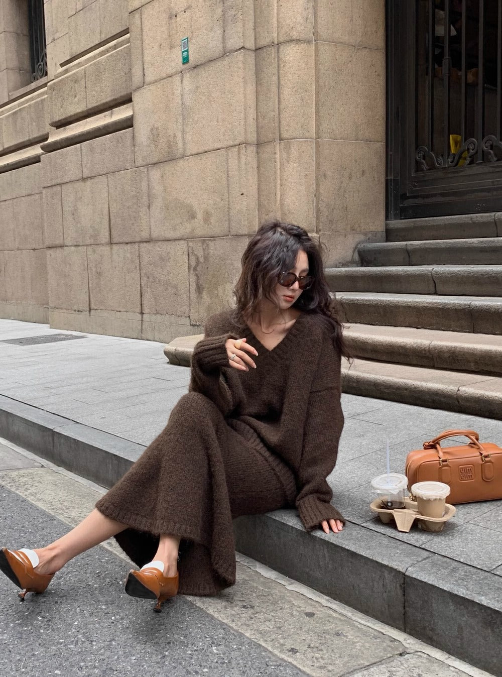 Morgan | Women's V-Neck Knit Sweater and Flare Midi Skirt Set